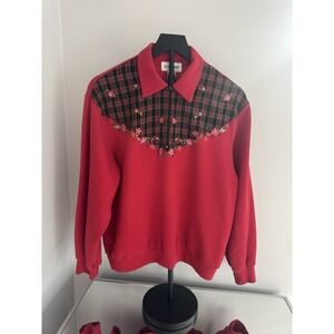 Alfred Dunner Red Plaid Floral Embroidered Half Zip Sweatshirt Women's L Cozy